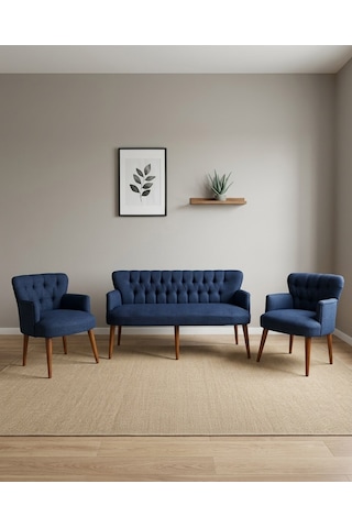 Roma 3+1+1 Keten Kumaş Balkon Ofis Çay Seti Bekleme Koltuk Takımı - Ahşap Ayak - Mavi
