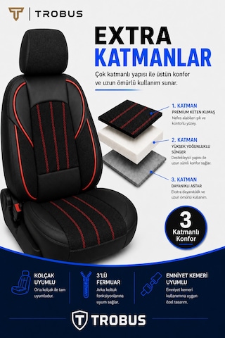 Dacia Sandero 2008+ Uyumlu Ankaflex Bel Destekli Keten Deri Siyah Kırmızı Koltuk Kılıfı