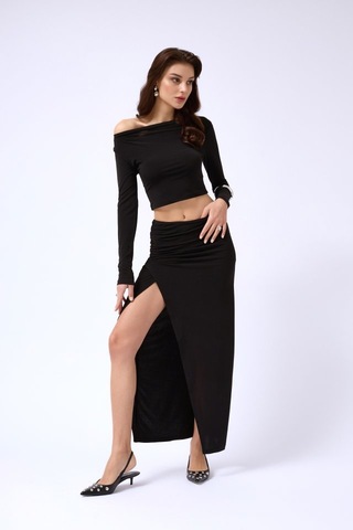 Ahes Shopping Kayık Yaka Uzun Kol Bluz Siyah