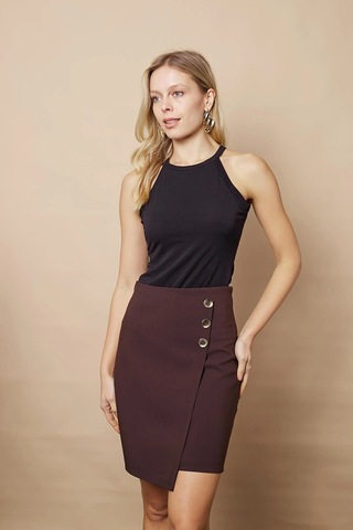 Kadın Arkadan Fermuarlı Düğme Detaylı Hafif Likralı Kumaş Diz Üstü Kalem Etek-kahve Kahve