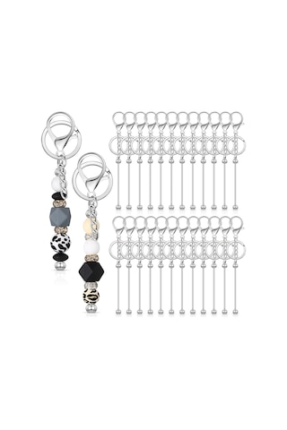 Gatherco 24 Adet Boncuklu Anahtarlık Çubuğu, Boncuklu Kendin Yap Boş Anahtarlık, Metal Boncuklu Anahtarlık, Boncuklu Anahtarlık El Sanatları, Gümüş