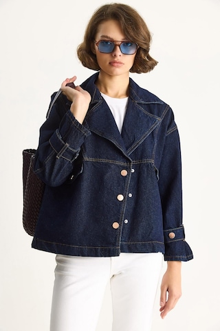 Kadın Geniş Yaka Uzun Kollu Ayarlanabilir Manşetli Denim Ceket 6089 60283543 - Lacivert