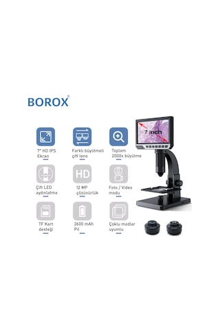 Borox Lab Dijital Mikroskop Çift Lens 2000x Büyütme 7'' 12 Mp