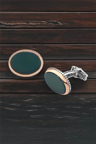 Gümüş Yeşil Akik Taşlı Oval Kol  Düğmesi