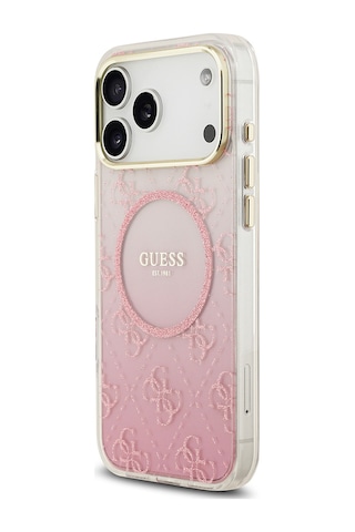 Apple Uyumlu iPhone 17 Pro Max Kılıf Guess Lisanslı M-safe Özellikli 4g Desenli Simli Silikon Kapak Pembe Pembe