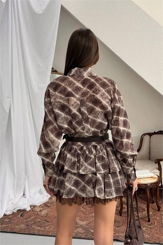 Neşeli Butik Kadın Kahverengi Gömlek Yaka Kat Kat Ekose Desen Mini Elbise Nbnp025 Kahverengi