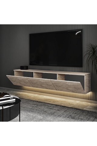 Neon Led Işıklı Duvara Monte,3 Kapaklı Tv Ünitesi,tv Sehpası Sandık Ceviz - Bej Bej