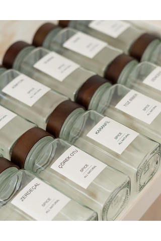 12'li Akasya Kapaklı Baharatlık Seti Cam 16 Adet Hediye Etiket ŞEffaf