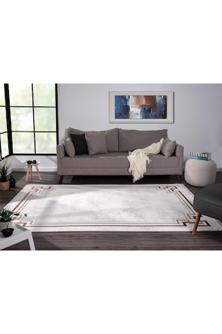 Dark Dk007a Beyaz Halı Bej Detaylı Kahverengi Kenar Çerçeveli Akrilik Tozuaz Modern Salon Halısı-26 Bej