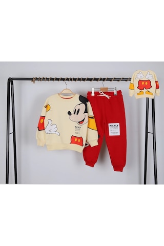 Unisex Çocuk Mickey Mouse Baskılı 3 İplik Şardonsuz Kışlık Sweat Ve Eşofman Alt Üst Takım Bej