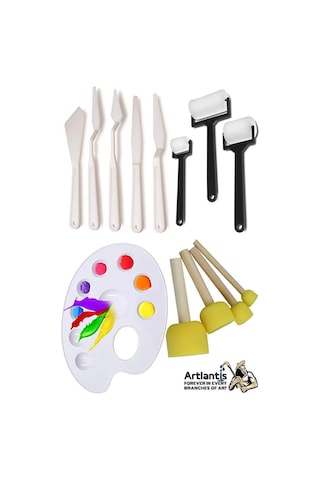 Palet Rulo Fırça Ponpon Fırça Ve Plastik Spatula 4'lü Set 1 Paket Resim Hobi Sanat Etkinlik Resim Paleti