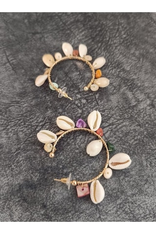 Hdmarketim Otantik Doğal Taş Deniz Kabuklu Vintage Küpe Çok Renkli