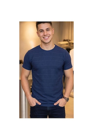 Regata Çizgi Desenli Bisiklet Yaka Regular Fit Örme İnce Triko Erkek T-shirt Lacivert