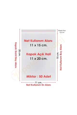 11x15+5 Cm. 11x20 50 Adet Şeffaf Bantlı Yapışkanlı Opp Poşet