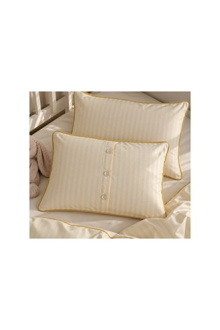 H&c Bebek Nevresim Takımı Keten Dokulu 4 Parça Biyeli Çizgili Beşik 100x150 Cm Nevresim Seti Çarşaf Sarı Krem Çizgili -sarı Biyeli