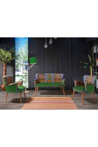 Azra Mobilya - Roma Çay Seti Koltuk Takımı - Etnik Desen Kumaş - Ahşap Demonte Ayak Etnik Desen - Yeşil