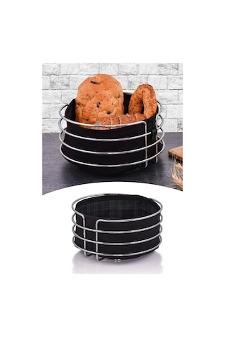 Metal Ekmeklik Paslanmaz Krom Şeritli Siyah Kumaş Yuvarlak Ekmeklik Ekmek Sepeti Gümüş