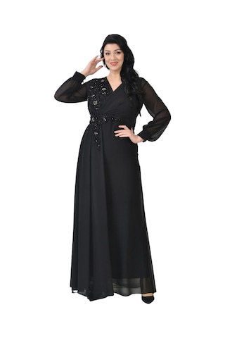 Lilas Xxl Kadın Büyük Beden Uzun Şifon Abiye Elbise 9571 Siyah
