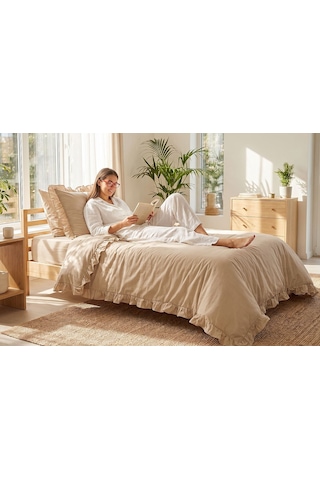Soft Ruffle Nevresim Takımı Açık Kahverengi