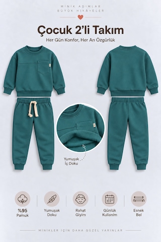 Ahengim Erkek Çocuk Cepli Sweatshirt Ve Jogger Eşofman Altı 2 Li Takım Günlük Rahat Çocuk Eşofman Seti Ak125 Koyu Yeşil