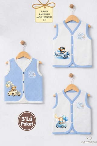 Babyden's Erkek Bebek 3 Lü Jakarlı Yelek Set Çıtçıtlı Bebek Yeleği Ayıcık Baskılı,pamuklu,yenidoğan Yelek Seti Ekru - Mavi