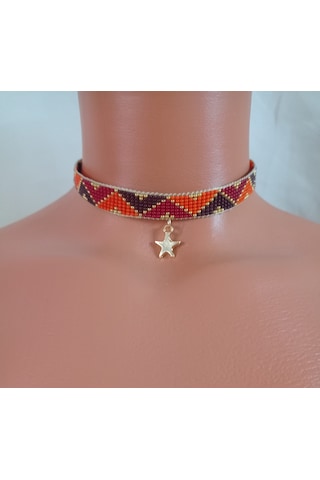 Kum Boncuk Yıdızlı Dokuma Choker Altın