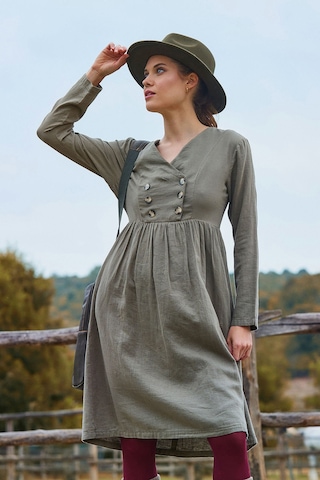 V Yaka Düğme Detaylı Fermuar Kapamalı Uzun Kollu Elbise Haki