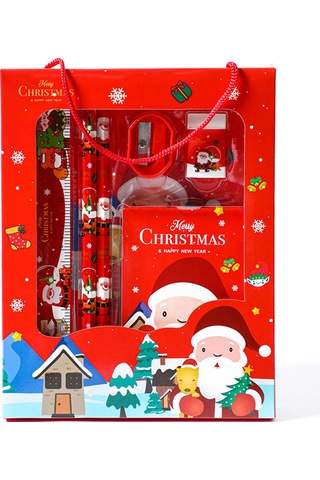 6pcs Noel Kırtasiye Hediye Kutusu Noel Kalemleri Silgi Cetvel Defter Defter Okul Öncesi Anaokulu Malzemeleri İçin Set Red