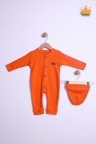 Babyhola Kız Erkek Bebek Tulum Bere Takım %100 Pamuk Önden Düğmeli İnterlok 23630 Turuncu