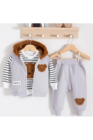 3-18 Ay Erkek Bebek Takımı Peluş Ayıcık Kapişon 3'lü Gri