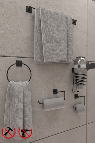 Alper Banyo Jasmin Kare Siyah Yapışkanlı 5'li Banyo Seti - Kağıtlık Solo Havluluk Yuvarlak Havluluk Uzun Havluluk Kare Fön Makinesi Askısı Siyah