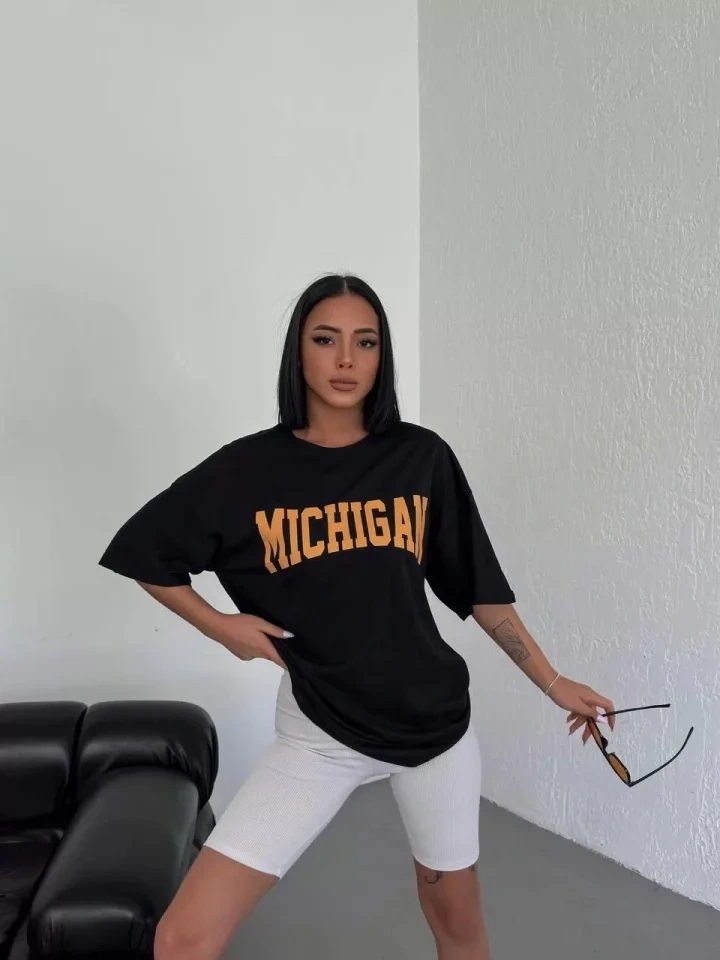 Amorluxe Unisex Bisiklet Yaka Baskılı Oversize T-shirt - Beyaz Siyah