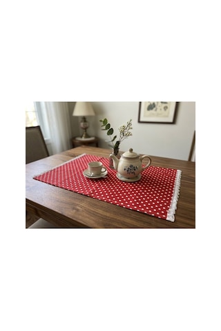 Puantiyeli Dantelli Kırmızı Masa Örtüsü Runner 85x50 Cm - Mutfak Ve Salon Dekoru