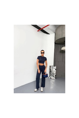 Butik İstanbul Osy Modal Yumuşak Dokulu Kumaş Kısa Kollu Crop Alt Ispanyol Paça Pantalon Ikili Takım - Füme