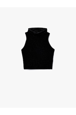 Koton Kolsuz Slim Fit Balıkçı Yaka Simli Crop Kadife Top Siyah 6wak10058ek Siyah