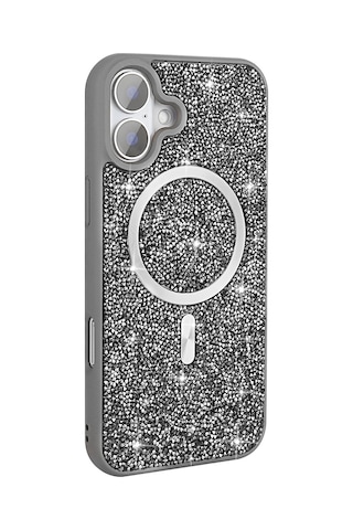Zore Apple Uyumlu iPhone 16 Pro Kılıf Pırlanta Tasarımlı Magsafe Şarj Özellikli Msra Mozaik Silikon Kapak - Titanyum-g Gri