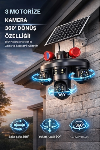 Sim Kartlı Üç Motorize Kameralı Hareket Takipli Güneş Enerjili Güvenlik Kamerası