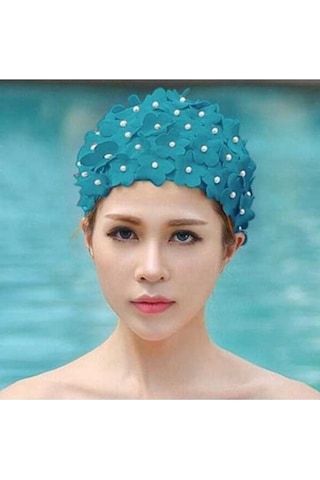 Dm Kadınlar İçin El Yapımı İnci Üçlü Çiçekli Yüzme Bonesi - Göl Mavisi Mavi