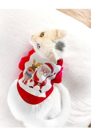 Kemique Santa And Friend Rudolph Kedi Tişörtü Yılbaşı Noel Christmas Kedi Elbisesi
