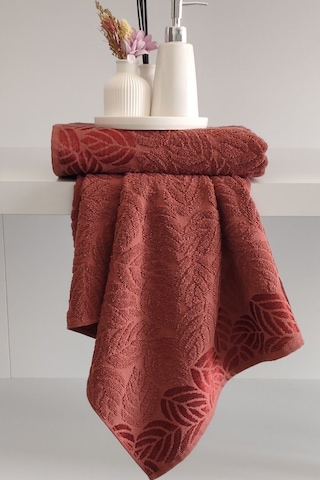 2'li Jakarlı Yaprak Desenli %100 Pamuk El Yüz Havlusu-50x90cm Terra Terra