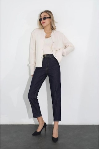 Koyu Mavi Likralı Mom Fit Rahat Kesim Jean Kot Pantolon Koyu Mavi
