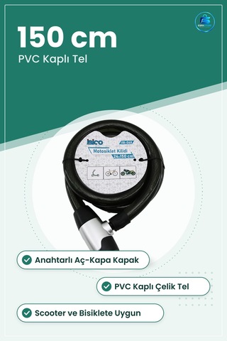 Motosiklet Kilidi Çelik Tel 24 Mm X 150 Cm Anahtarlı Pvc Kaplı Sc