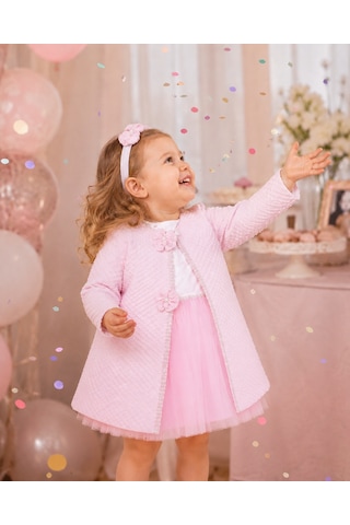 Babyhola Zarif Dokulu 3'lü Ceketli Kız Çocuk Abiye Elbise Bebek Gelinlik Takımı 2060 Pembe