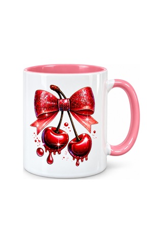Kiraz Ve Fiyonk Desenli Kupa Bardak Pembe İç Ve Kulp Detaylı Hediyelik Kahve Kupası Beyaz - Pembe Kiraz Ve Fiyonk Desenli Kupa Bardak Pembe İç Ve Kulp Detaylı Hediyelik Kahve Kupası Beyaz - Pembe
