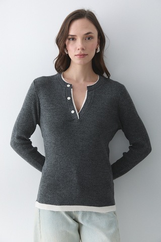 Antrasit - Krem 2 Patlı Düğmeli Kazak - 251023 Antrasit