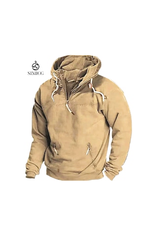 Sonbahar Ve Kış İçin Erkek Düz Renk Kapüşonlu Günlük Sweatshirt Haki