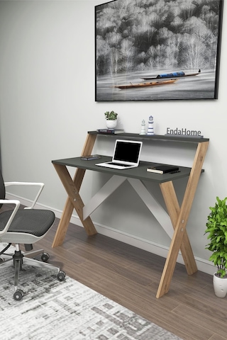 Enda Home X Ayaklı Raflı Ders Çalışma Masası 50x90 Cm Antrasit - Çam Atlantik Çam - Antrasit