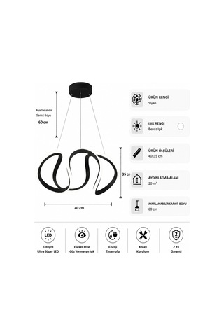 Lumina Led Sarkıt Avize Beyaz Işık Siyah