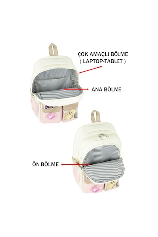 Ayıcıklı Kore Okul Çantası İki Bölmeli Ortopedik Sırt Su İtici Kumaş Yandan Cepli Çok Renkli