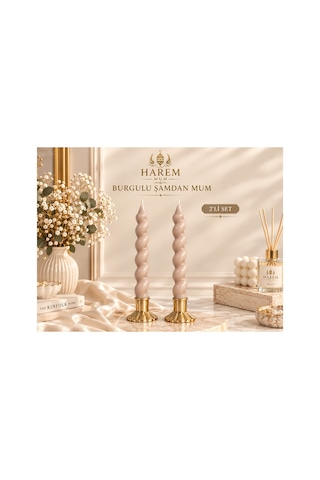 Kahverengi Burgulu Şamdan Mum 2'li Set Dekoratif Spiral Mum